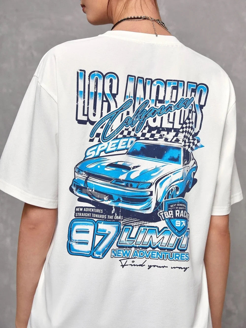 Los Angeles Racing Design Oversized Car Shirts Back White and Blue