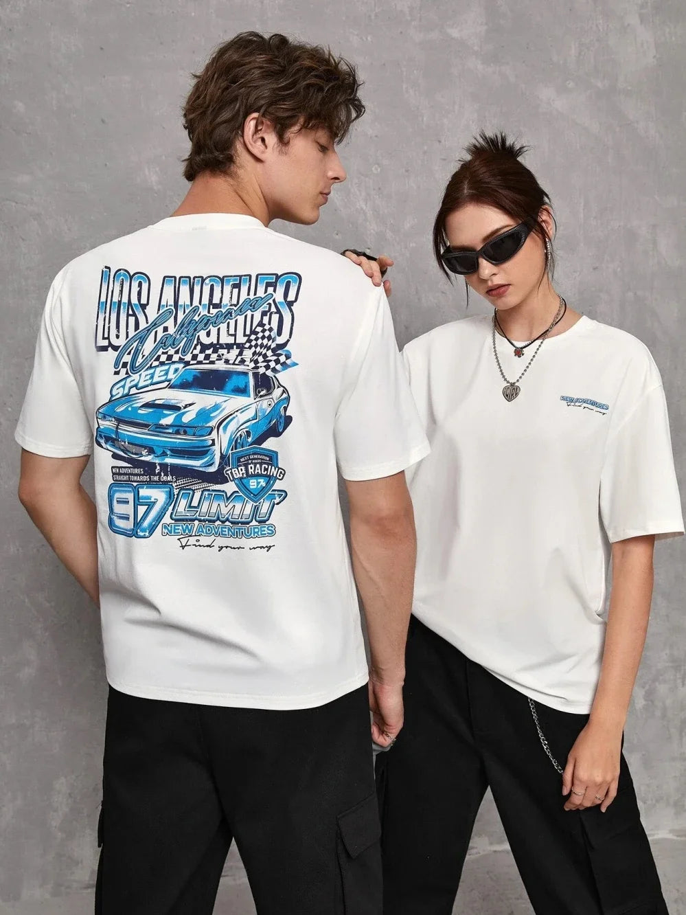 Los Angeles Racing Design Oversized Car Shirts White and Blue