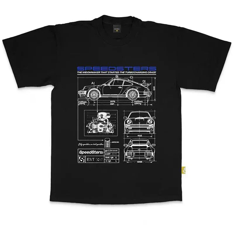 Cotton Super-Car Anatomy Car Shirts Black Front Porsche 911